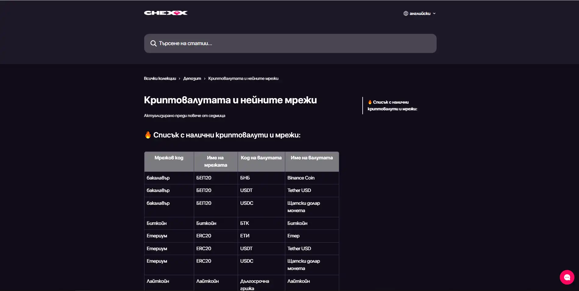 Реалният селектор за криптовалута и мрежа в CHEXX касата